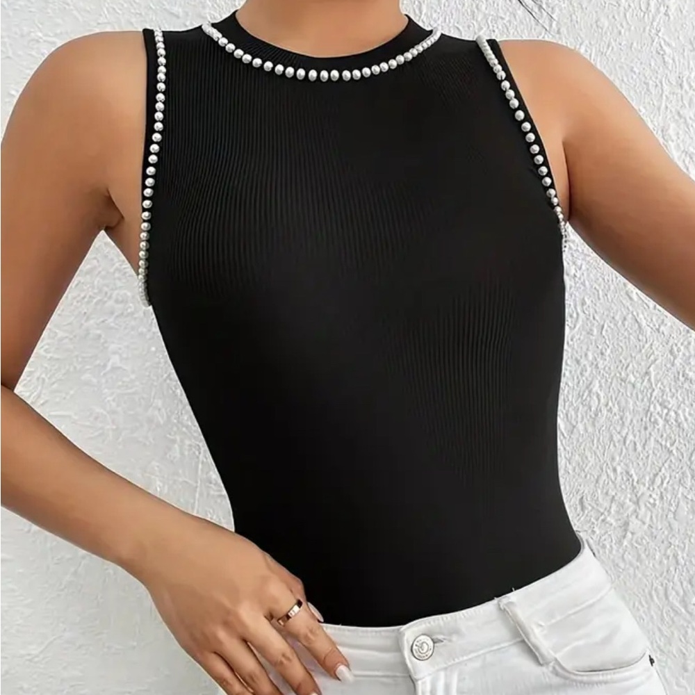 Pearl embellishment short sleeve top black XL